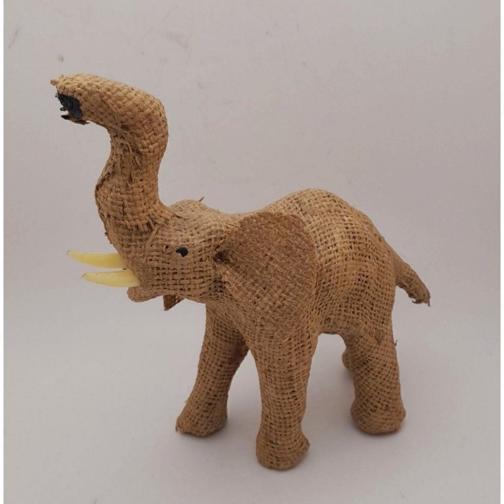 Burlap Elephant Figurine Plastic Tusk Trunks Up 7.5" Tall